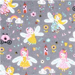 Colorful kids print grey cotton fabric Stof France fairy wings