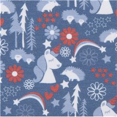 Copenhagen Print Factory blue knit fabric with unicorns and hedgehogs