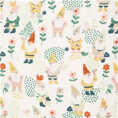 Cream cotton fabric by Dear Stella with plants garden gnomes