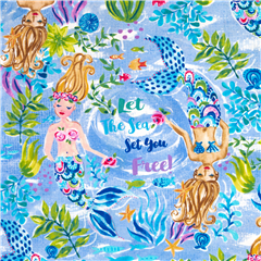 Mermaid fabric cotton let the sea set you free blue rainbow fish