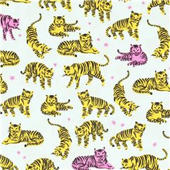 Mint green knit fabric wild yellow tigers by Robert Kaufman
