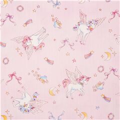 Pink cotton fabric featuring white winged unicorn with colourful accessories