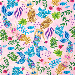 Pink mermaid fabric cotton rainbow fish foliage USA