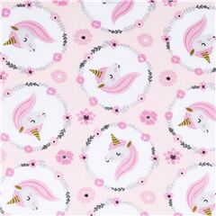 Pink unicorn white circles on peach cotton fabric Stof France