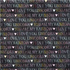 Rainbow gradient text love unicorn black fabric Michael Miller
