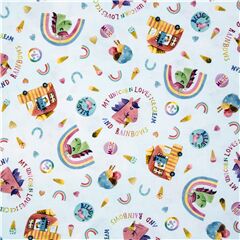 Rainbow unicorns icecream truck blue Michael Miller fabric US