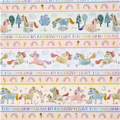 Rainbow unicorns love words in stripes Michael Miller fabric