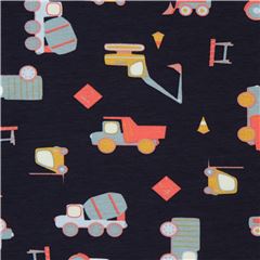 Stof Fabrics organic navy blue construction vehicle knit fabric