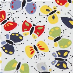 Stof Fabrics white knit fabric with colorful tossed butterflies