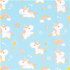 Unicorns rainbows digital print blue cotton fabric Stof France