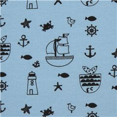 blue Stof Fabrics Avalana sweat sailor knit fabric with boats and fish