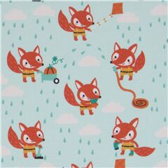 light turquoise jersey organic knit fabric with foxes and clouds by Lillestoff