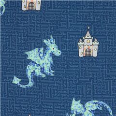 navy blue fairy tale maze fabric with dragons and castles by Michael Miller